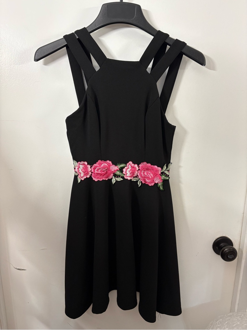 B Darlin Black Mini Dress with Pink Floral Waist Appliqué